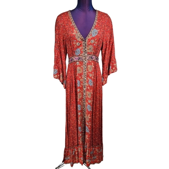 Bali Rattan Red Floral Kimono Maxi Dress Boho Peasant Size Medium‎ Women's - Picture 2 of 10